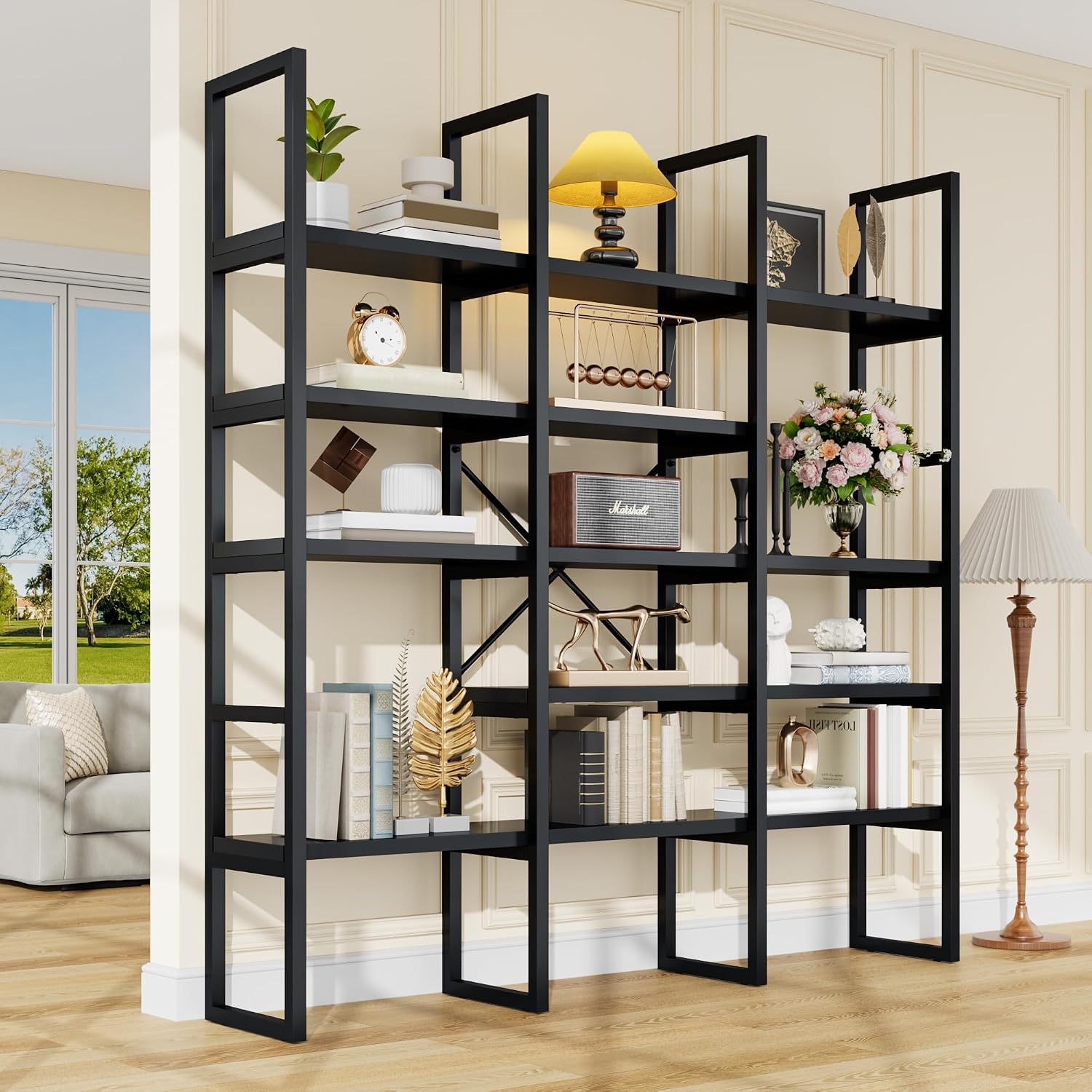 Large Bookshelf 5 Tiers, Triple Wide Geometric Bookcase, 71 Inches Tall Industrial Book Shelves Etagere Book Case, Sturdy Metal Frame, Freestanding Display Shelving Unit (Black)