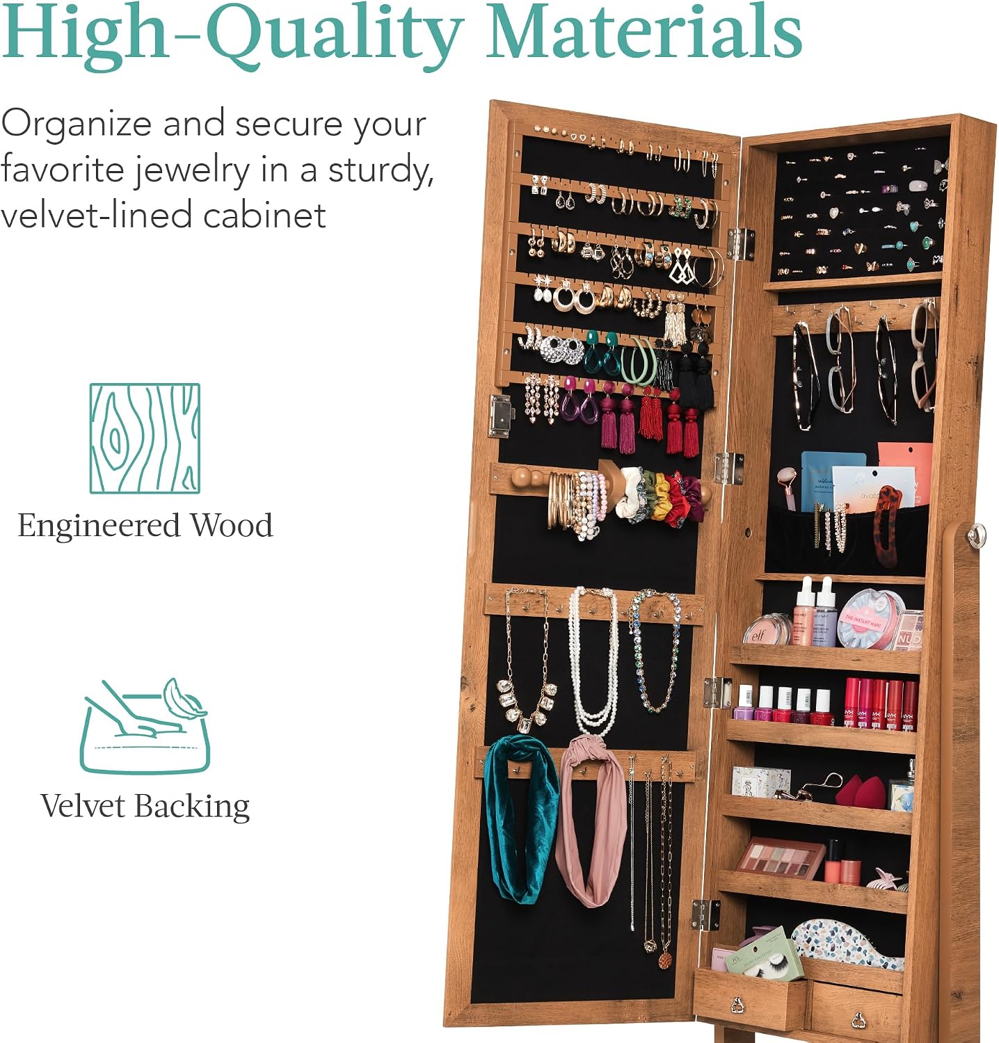 Best Choice Products Freestanding Jewelry Armoire Cabinet, Full Length Standing Mirror, Lockable Makeup Storage Organizer, w/Velvet Lining, 3 Angles, Lock, Accessory Pouch, 5 Shelves - Rustic Brown
