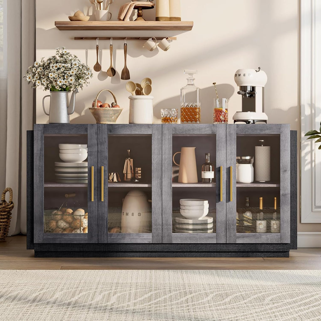 AMERLIFE Sideboard Buffet Cabinet with LED Lights, Mixed Color Accent Cabinet with Glass Doors and Adjustable Shelf, Hallway Storage Cabinets Console Table for Living Room, Dining Room, Black and Gray