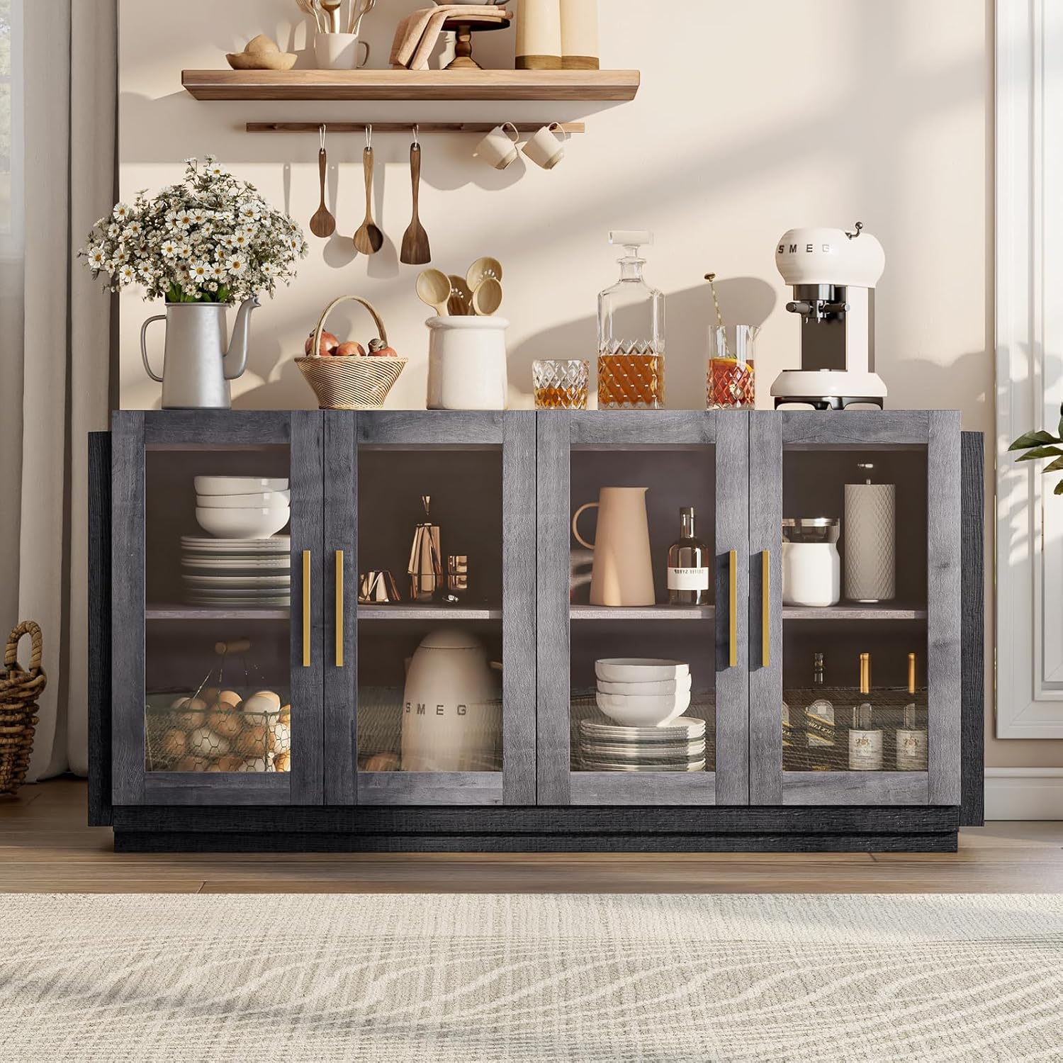 AMERLIFE Sideboard Buffet Cabinet with LED Lights, Mixed Color Accent Cabinet with Glass Doors and Adjustable Shelf, Hallway Storage Cabinets Console Table for Living Room, Dining Room, Black and Gray
