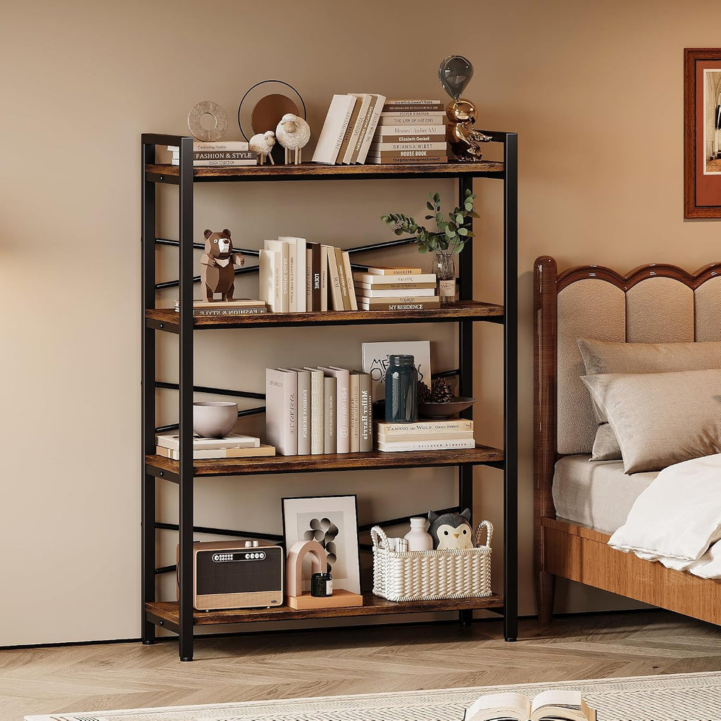 4 Tier Bookshelf 31.49' Width, Book Organizers and Storage, Wood and Metal Tall Bookcase, Rustic Book Shelf Organization and Storage for Home Living Room Bedroom Office Storage(Rustic Brown)