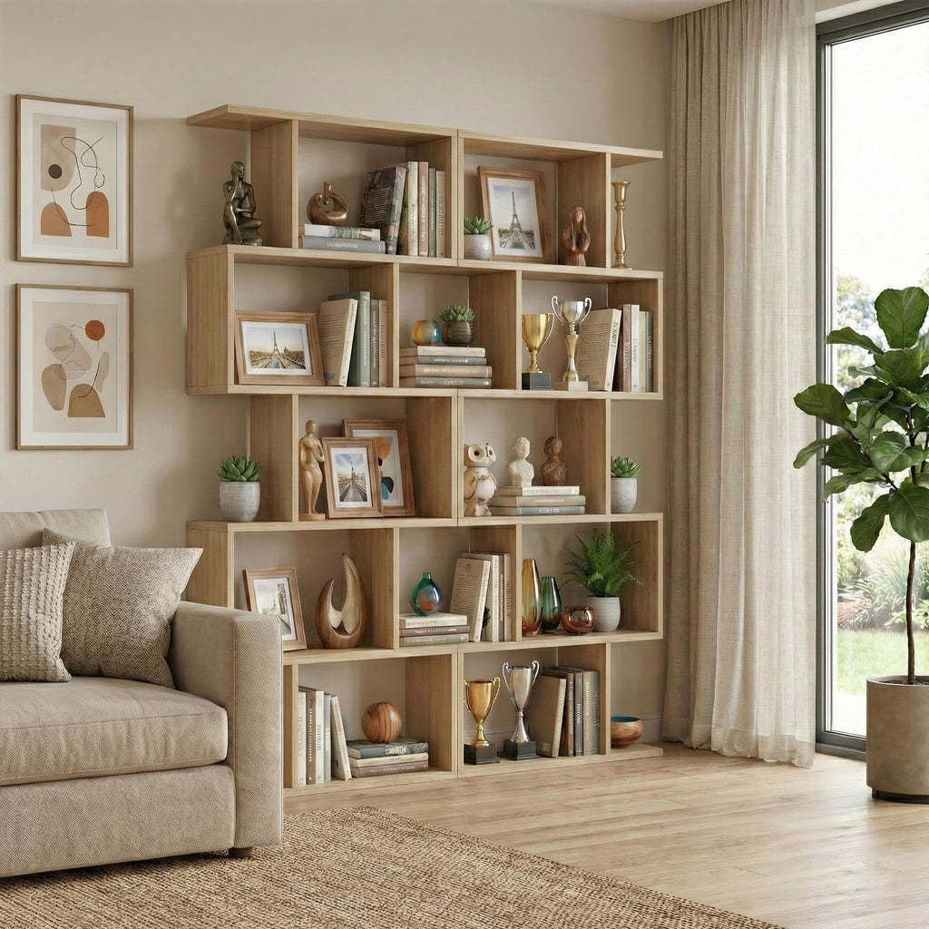 DIYART 5-Tier Geometric Bookcase (Set of 2), 62.6' Tall S-Shaped Bookshelf & Room Divider, Modern Oak Freestanding Display Shelving Unit for Living Room, Hallway, Home Office