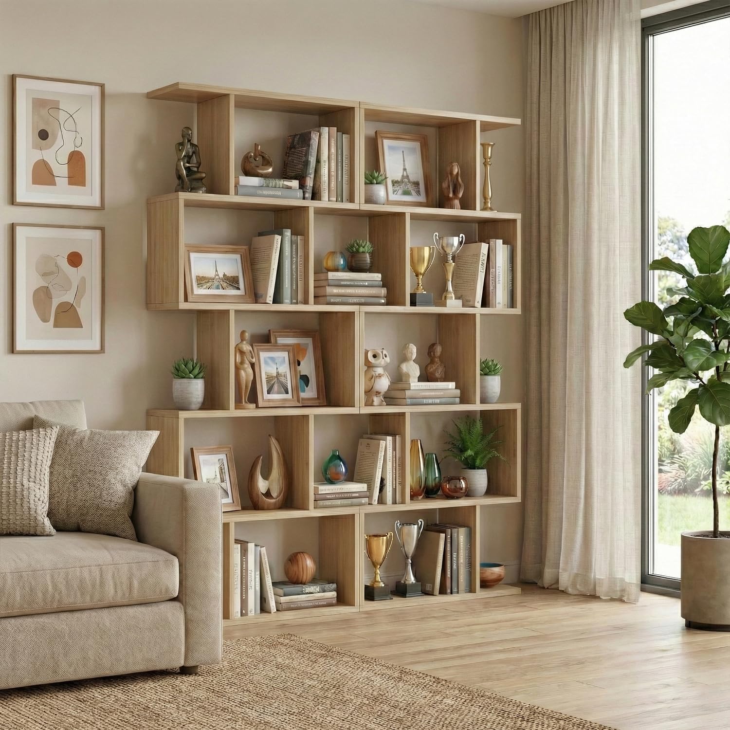 DIYART 5-Tier Geometric Bookcase (Set of 2), 62.6' Tall S-Shaped Bookshelf & Room Divider, Modern Oak Freestanding Display Shelving Unit for Living Room, Hallway, Home Office