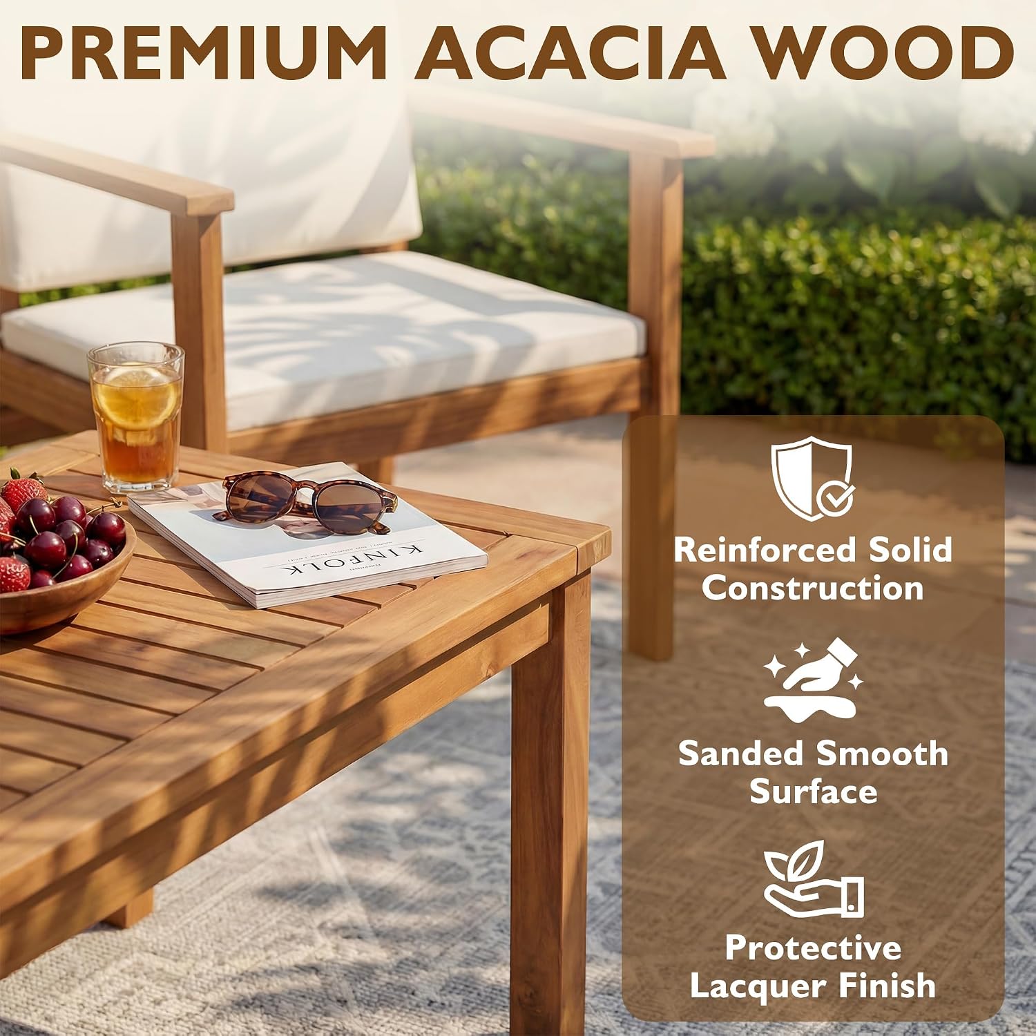 Devoko Patio Furniture 4 Piece Acacia Wood Outdoor Conversation Sofa Set with Table & Cushions Porch Chairs for Garden, Deck, Backyard, Natural