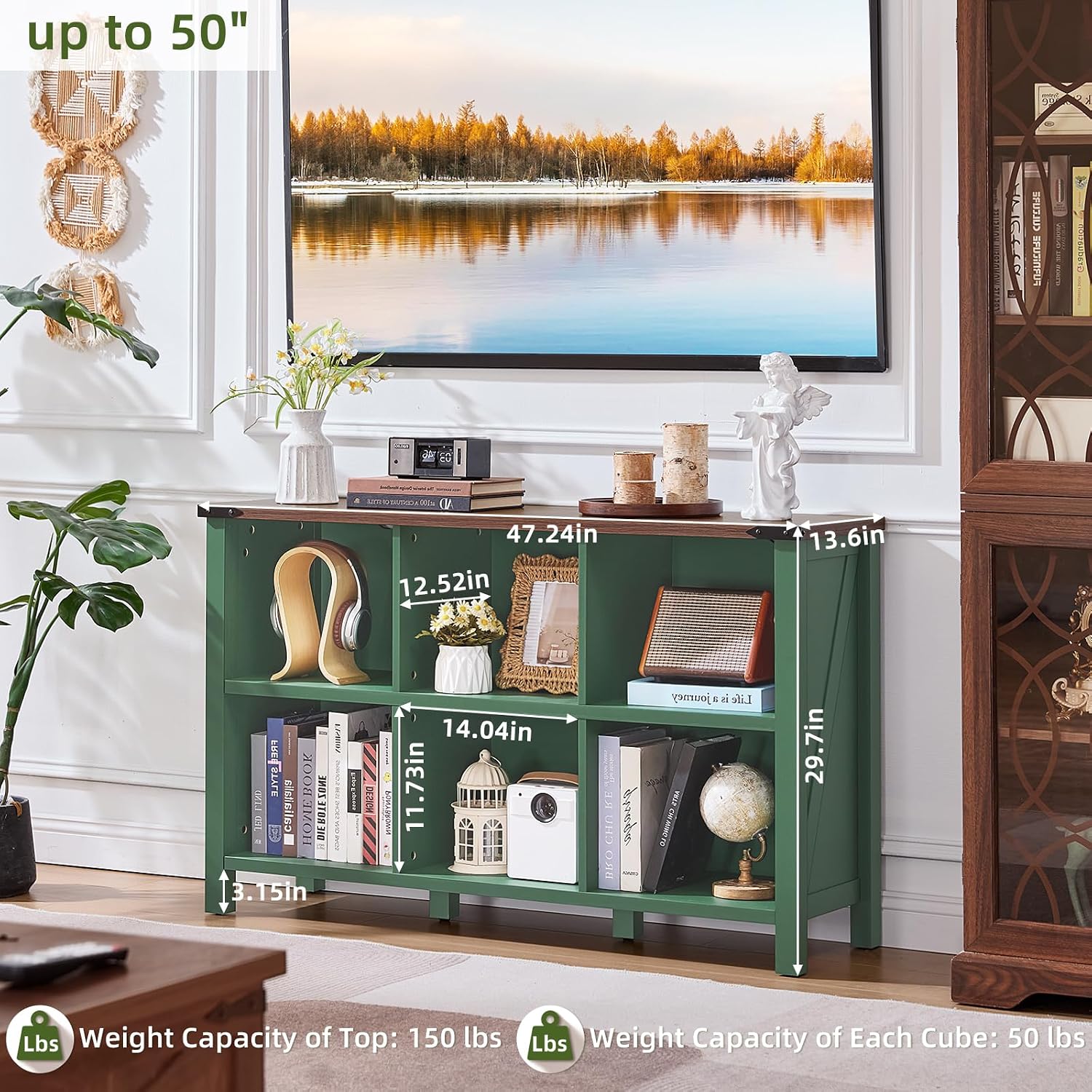 Joaxswe 6 Cube Storage Organizer, Farmhouse Green 47 Inch Wide Horizontal Bookshelf, Wooden 2 Tier Display Book Shelf, Rustic Low Book Case for Living Room (Green, 6 Cube (13.6'D x 47.24'W x 29.7'H))