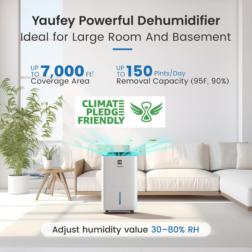 Yaufey 150 Pints Dehumidifier with Pump for Home, Basement and Large Room up to 7000 Sq. Ft., With Drain Hose, Timer, Intelligent Humidity Control and Large Water Tank