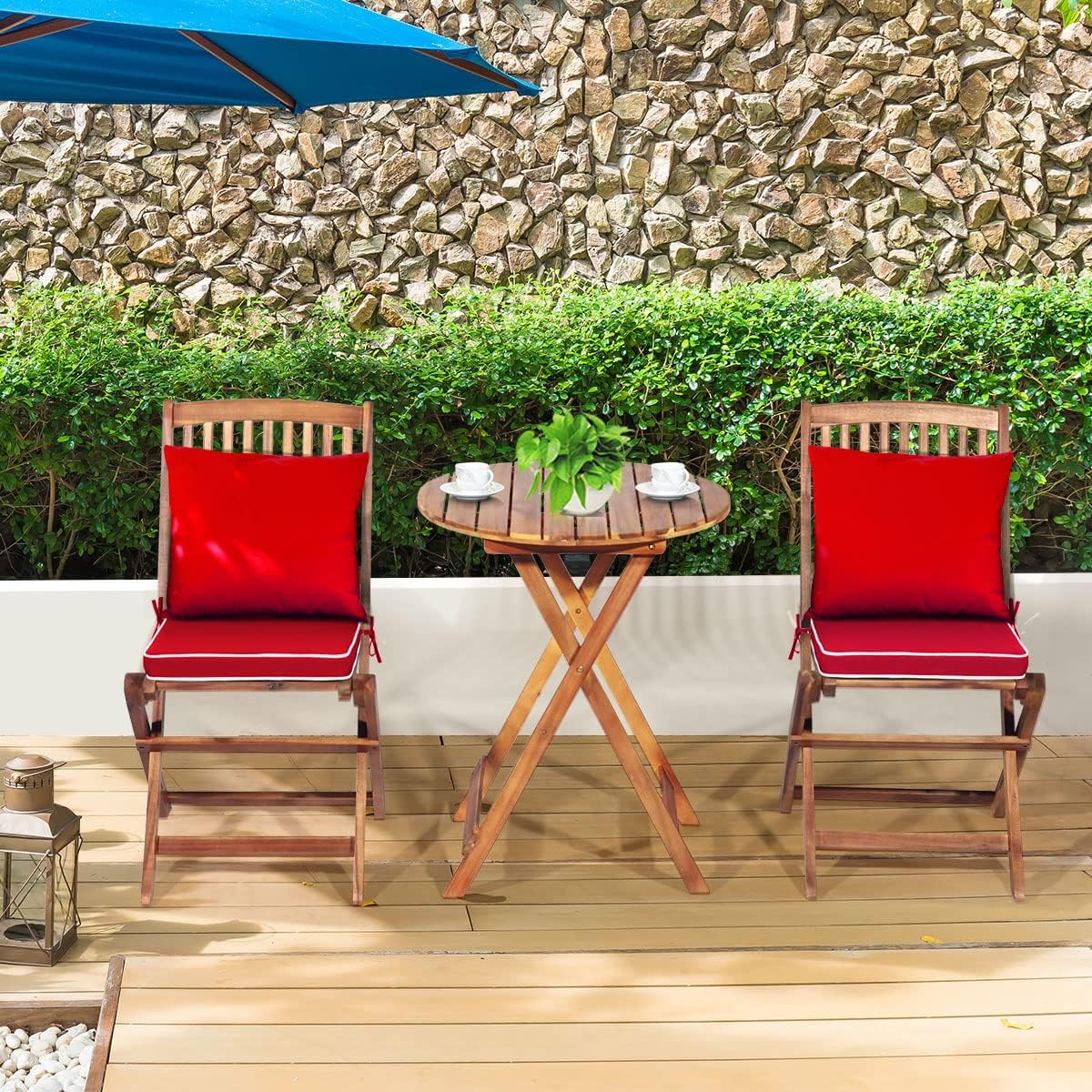 Tangkula 3 PCS Patio Folding Bistro Set, Outdoor Acacia Wood Chair and Table Set w/Padded Cushion& Round Coffee Table, Ideal for Indoor Patio Poolside Garden (Red)