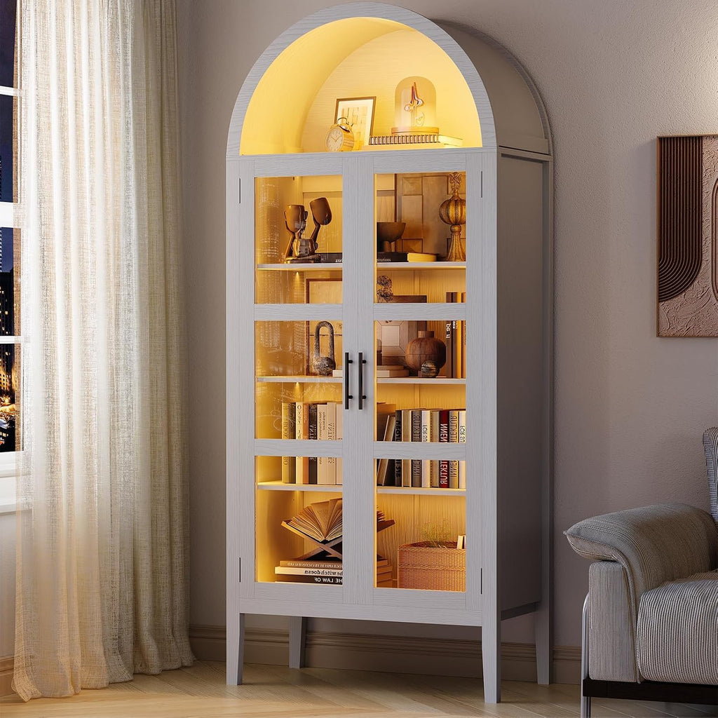 GarveeHome 70 in Tall Arched Kitchen Pantry Cabinet with LED Lights, Modern Wood Arched Bookshelf with Glass Doors & Adjustable Shelves, Elegant Display Cabinet for Kitchen, Dining Room, Living Room