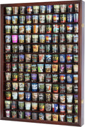144 Shot Glass Shooter Display Case, Glass Collection Hollder Wall Mount Cabinet, UV Protection, Removable Shelves, Cherry Finish