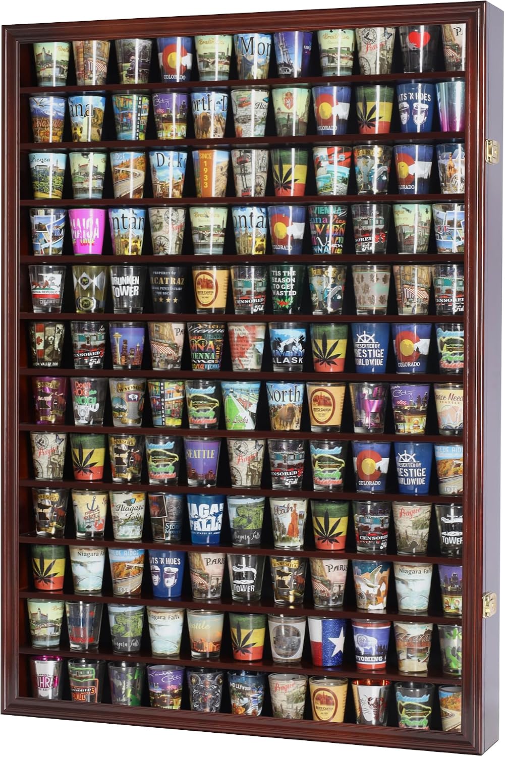 144 Shot Glass Shooter Display Case, Glass Collection Hollder Wall Mount Cabinet, UV Protection, Removable Shelves, Cherry Finish