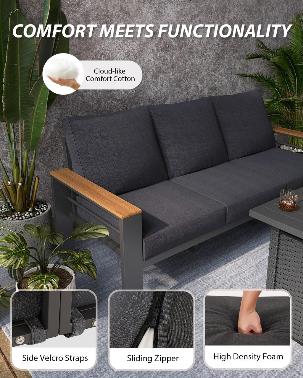 Aoxun Patio Furniture Set, 2 Piece Aluminum Patio Sets with 5' Thicken & Washable Cushion, Waterproof Outdoor Furniture with Coffee Table, Outdoor Couch Sectional for Backyard, Porch and Garden