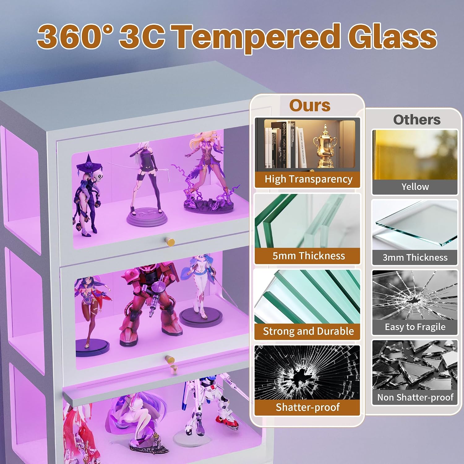 5 Tier Glass Display Cabinet with Flip-Up Doors, 67' Curio Cabinet with 13-Color LED Lights, 3-Side Tempered Glass Display Case for Books, Collectibles, Figures, White