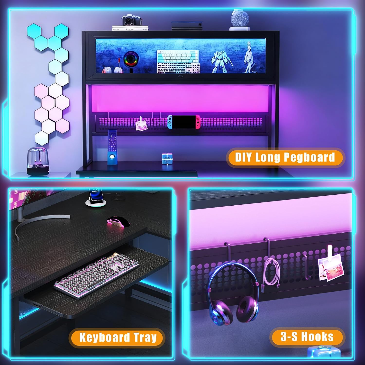 L Shaped Gaming Desk with Power Outlets & LED Lights, 49'' Reversible Computer Desk with Hutch & Pegboard & Display Cabinet, Corner Home Office Desk with Drawer & Keyboard Tray & Storage Bag, Black