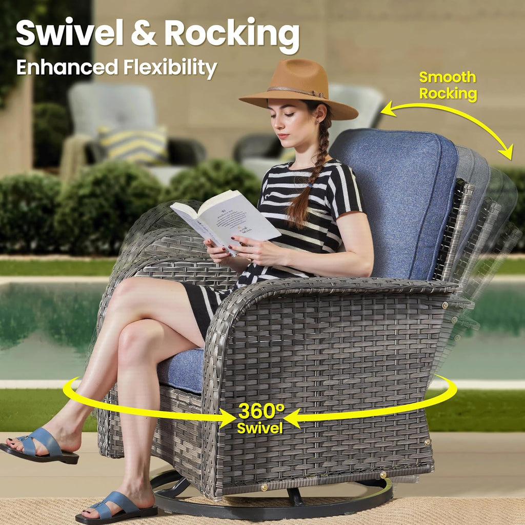 ovios 5-Piece Patio Furniture Set, Outdoor Wicker Sofa with Swivel Chairs Coffee Table, High Back Rattan Couch Loveseat with Comfy Cushions for Porch Yard Deck, Denim Blue