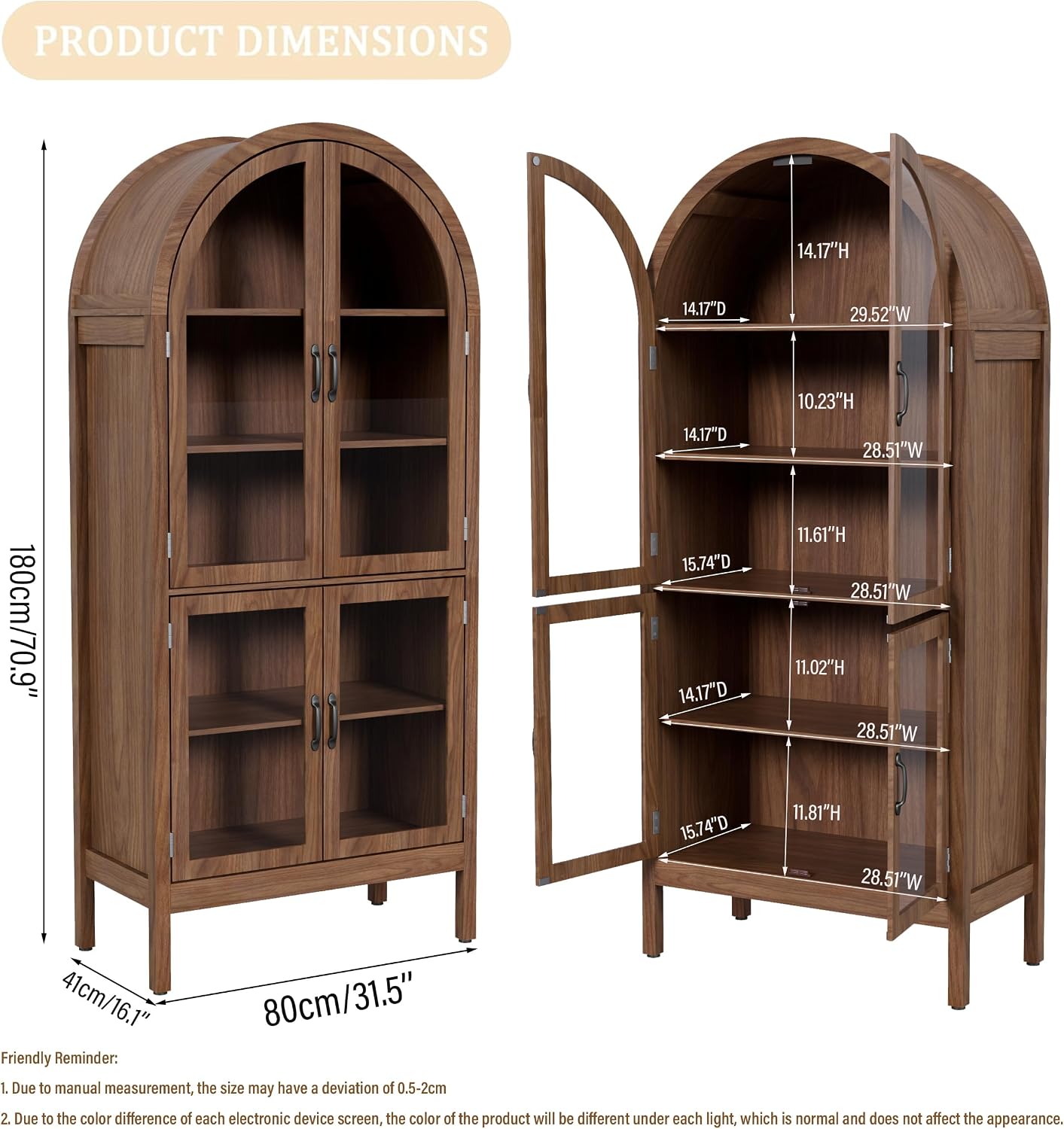 Lxsxlome 70.9'' Tall Arched Display Cabinet with Acrylic Glass Doors, Modern 5-Tier Arched Bookcase, Kitchen Pantry Storage Cabinet Curio Cabinets for Living Dining Room (Walnut, 31.5''W)
