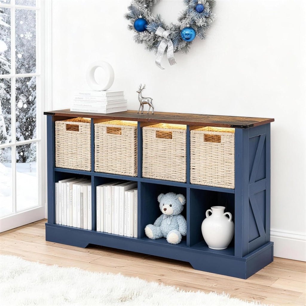 8 Cube Storage Organizer with LED Lights, Wooden Cube Bookcase with Back Panel, Blue Cube Shelf Freestanding Bookshelf, Hallway TV Stand for Living Room, Bedroom, Office