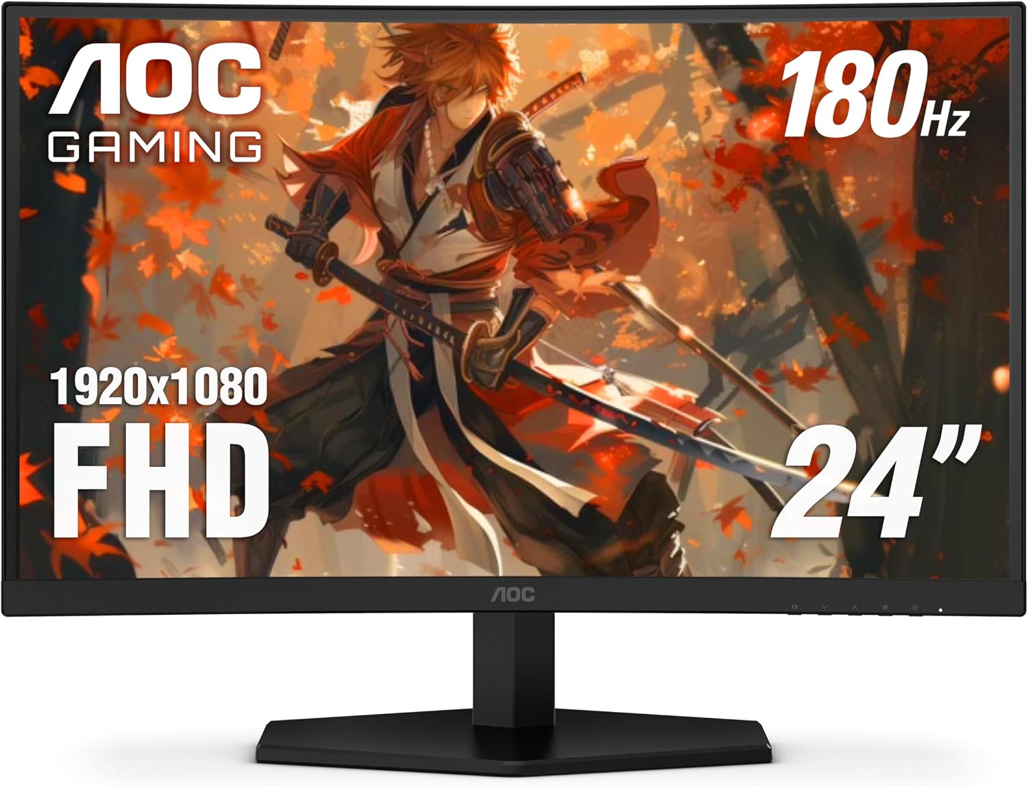 AOC C24G42E 24' Curved 1500R Frameless Ultra-Fast Gaming Monitor, FHD 1080p, 180Hz 0.5ms MPRT, HDMI 2.0 x2, Display Port x1, HDR, Speakers 2W x2, 3-Year Zero-Bright-Dot