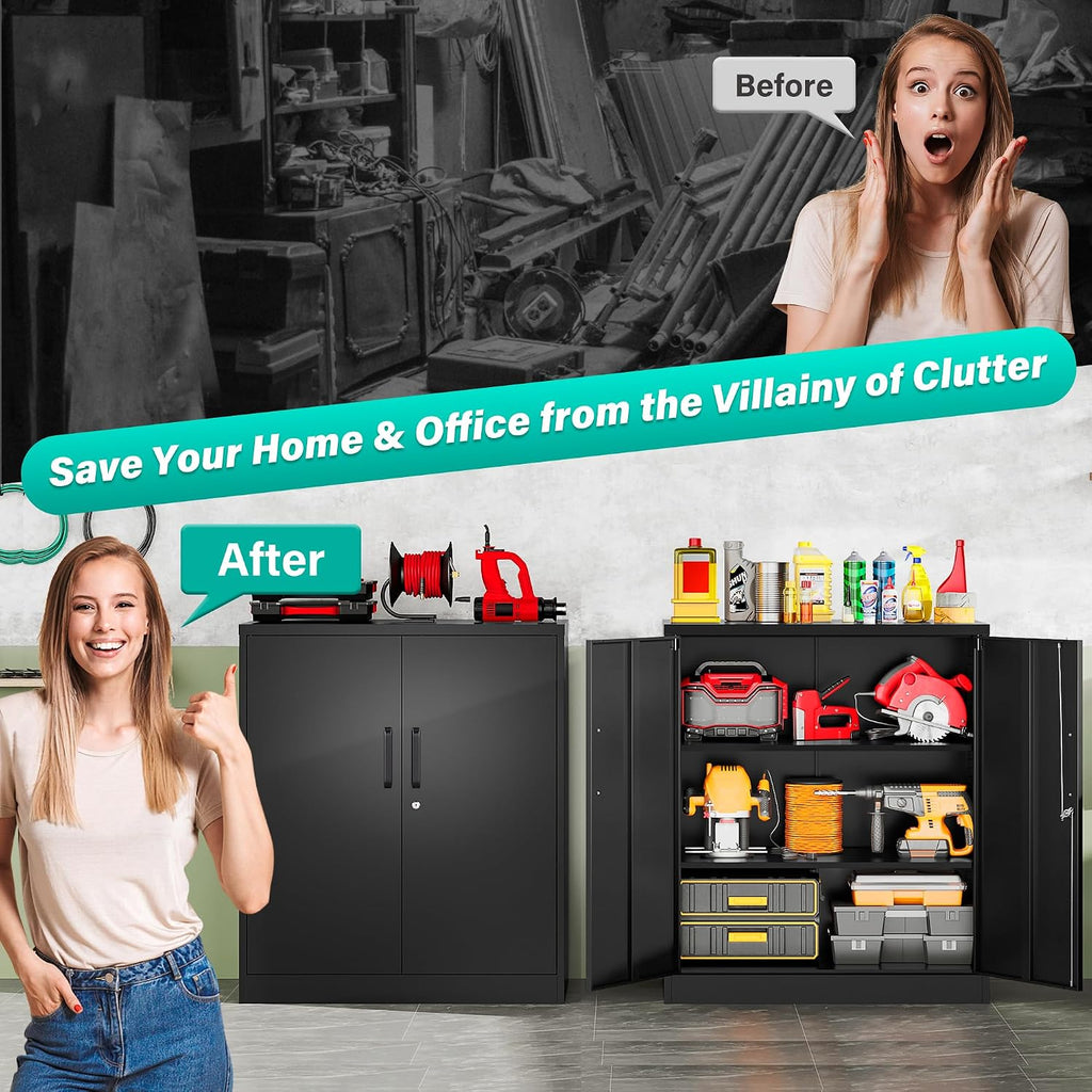 SISESOL Metal Storage Cabinet Locked Steel Cabinet with 2 Adjustable Shelves,Office Cabinet Locking Tool Cabinets,Kitchen Storage Cabinets Metal Locker Small Counter Height Storage Cupboard 36' H