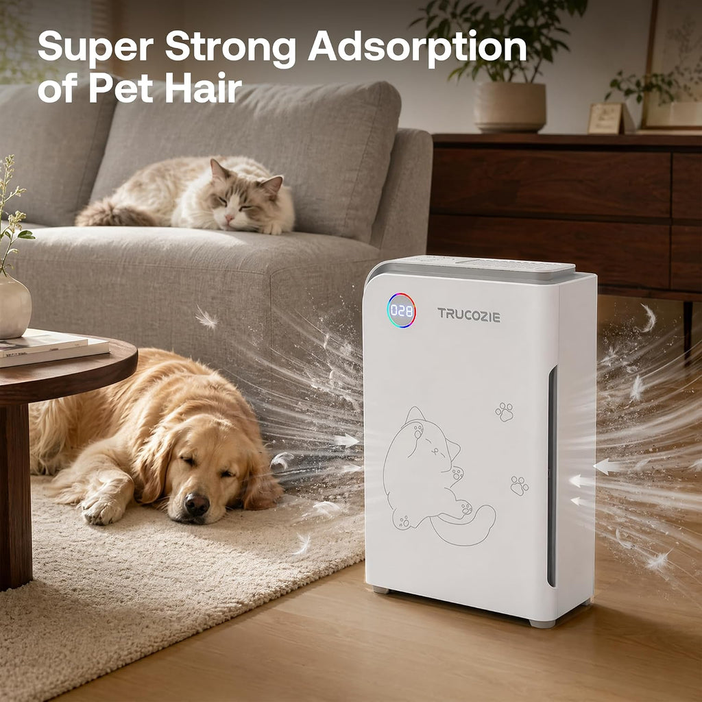 Trucozie Large Pet Air Purifier for Home up to 3000 Ft², Absorbs Floating Cat and Dog Hair, Smart WiFi, 3-in-1 Filter with Anion, Activated Carbon & HEPA for Pet Allergy, Smoke, Dust, Zero Ozone