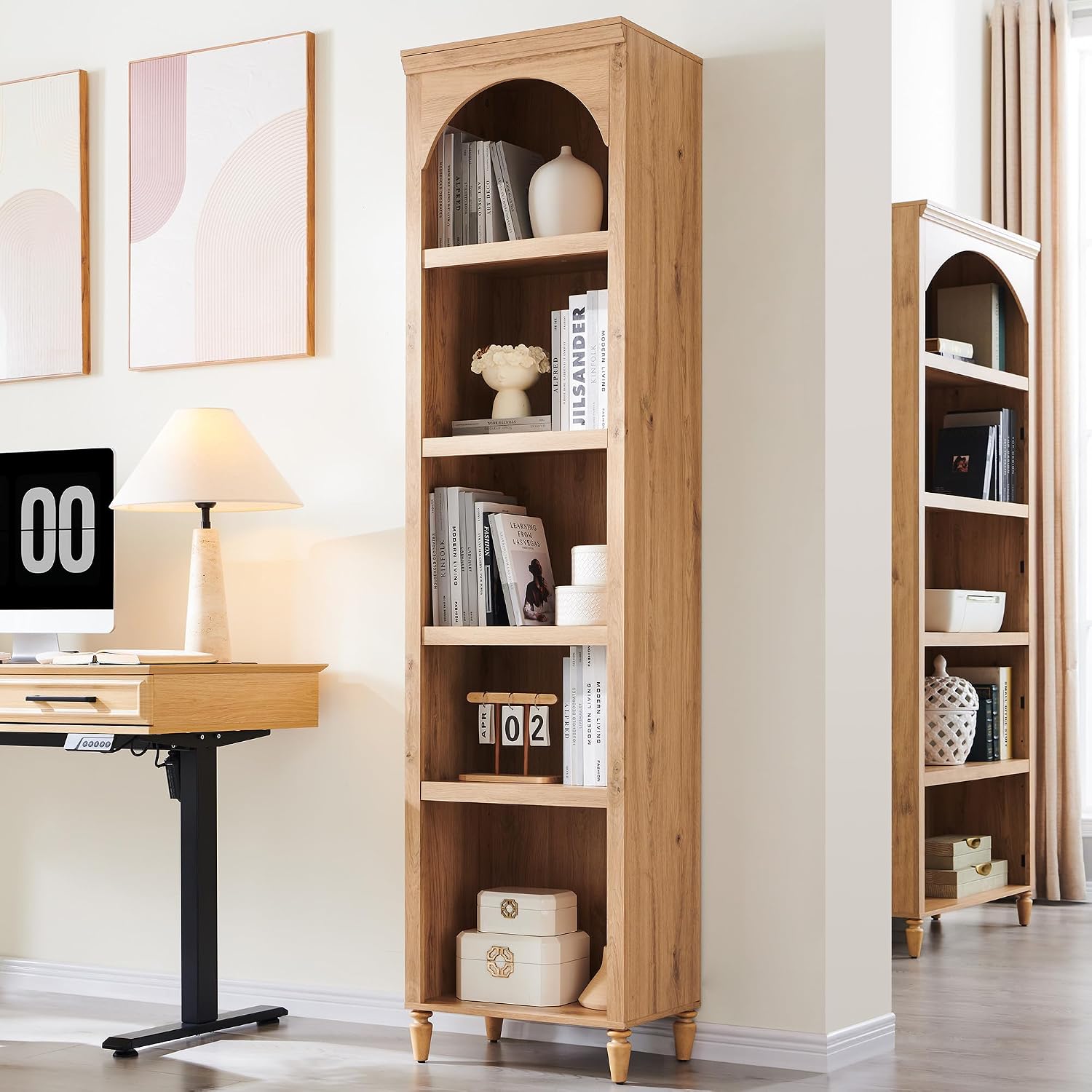 IFGET 76' Tall Arched Bookcase, Farmhouse 5 Tiers Narrow Arched Bookshelf Cabinet with Adjustable Shelves, Modern Wooden Book Shelf w/Storage and Open Display Shelves for Living Room, Office-Natural