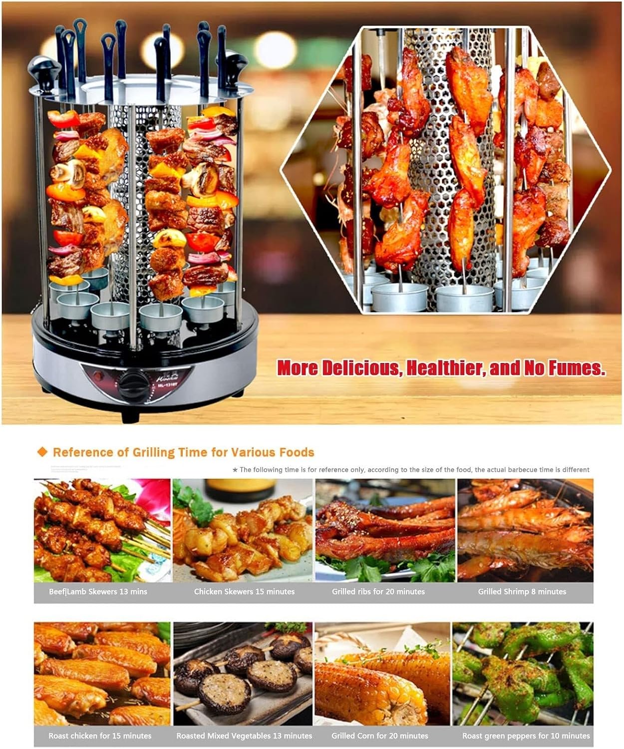 Electric BBQ Smokeless Grill Indoor - Vertical Barbecue Grill, Includes Skewers, Machine Rotisserie Grill for Home- Broiling Meat Layers, Shashlik, Gyros, Sausages, Poultry