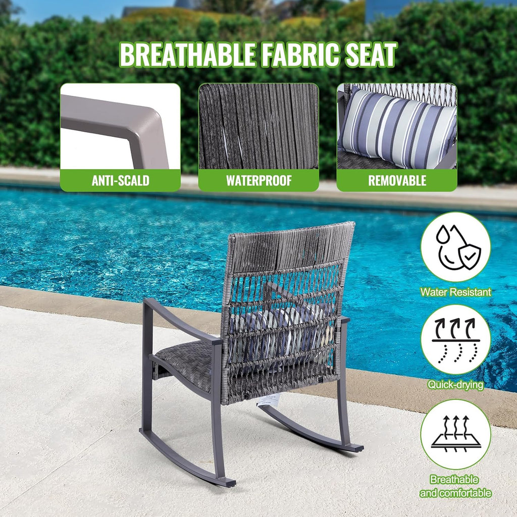 Backyard Expressions 3-Piece Wicker Patio Rocking Chair Set – Outdoor Rocker Chairs with Cushions and Faux Stone Table, All-Weather PE Rattan Porch Furniture for Deck, Balcony, or Garden