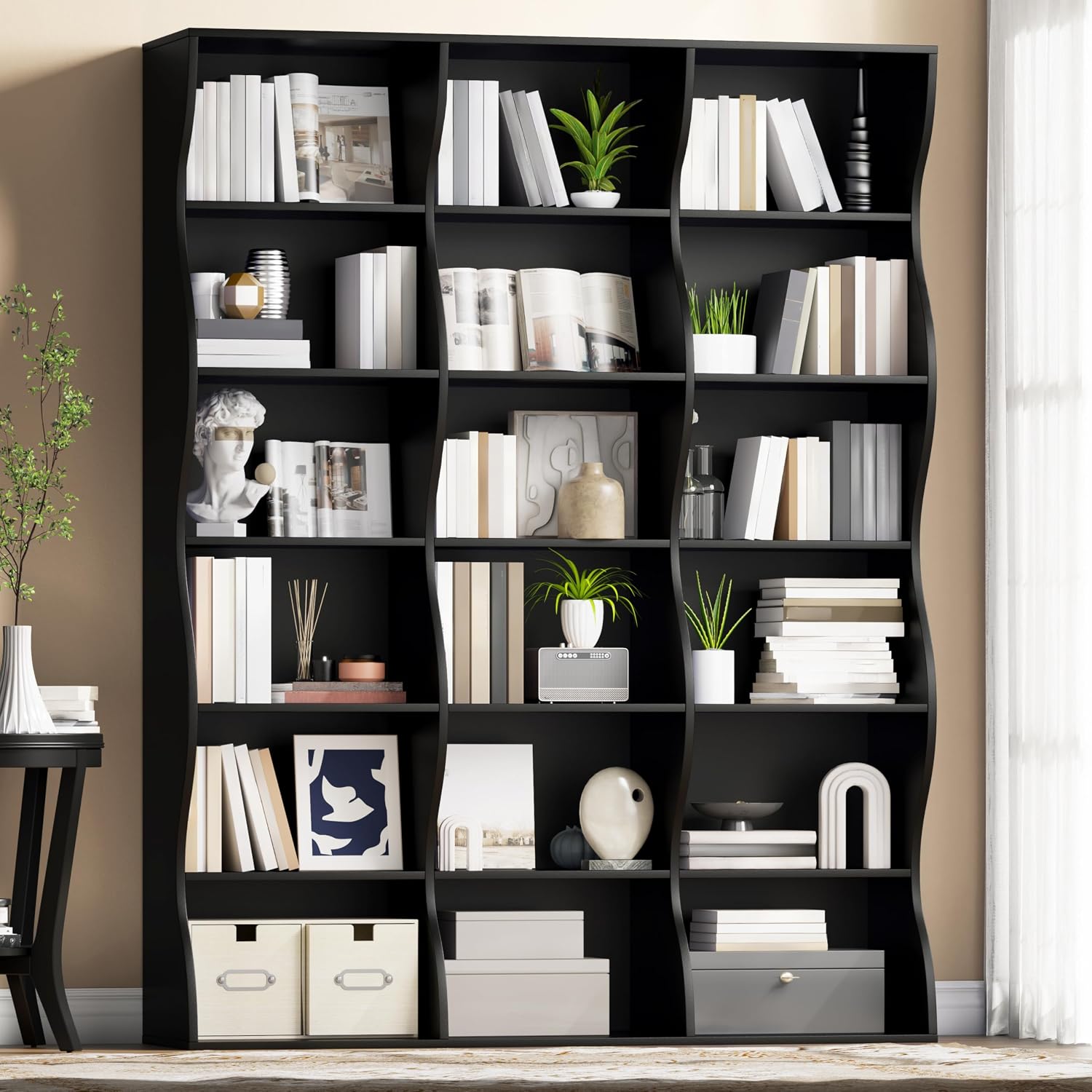 Gyfimoie 71' Triple Wide Bookshelf, 6 Tier Tall Bookcase with Storage, Large Book Shelves with 18 Open Display Shelves, Black Bookcase for Living Room, Study, Home Office, Library (Black)