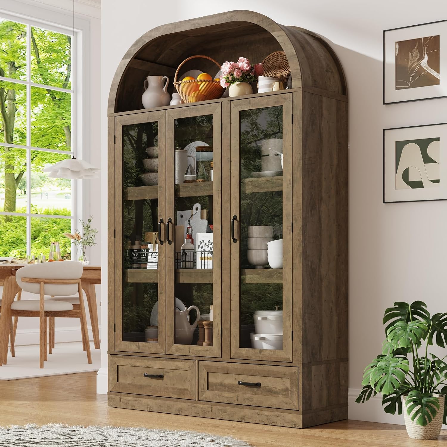 chartustriable 73' Tall Arched Kitchen Pantry Cabinet w Load-Bearing Steel Pipe,Modern Farmhouse Kitchens Storage Cabinet with Drawer and Glass Doors,Tall Arched Bookcase,Pantry Organizer(Natural)