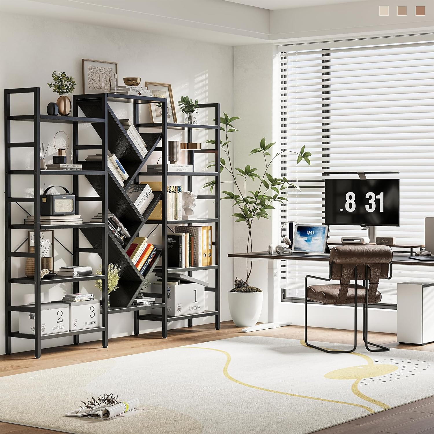 INNOD 70x70' Triple 5 Tier Book Shelf, Large Wooden Bookcase with 17 Open Display Shelf, Modern Tree Bookshelf Metal Frame Tall Book Case Furniture for Living Room Bedroom Home Office Black