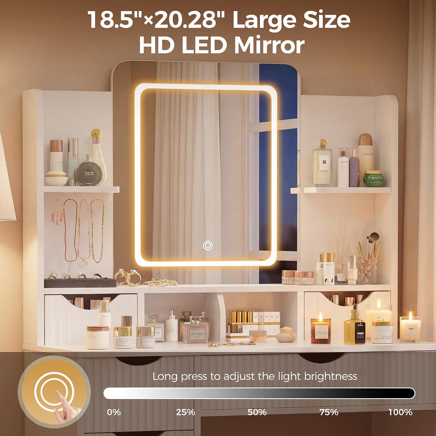 Vanity Desk with Mirror and Lights, Makeup Vanity Table with Large 6 Drawers Modern Fluted Wooden Dressing Table with Jewelry Hook 3 Color Modes Adjustable LED Mirror for Women Girls Bedroom or Dorm