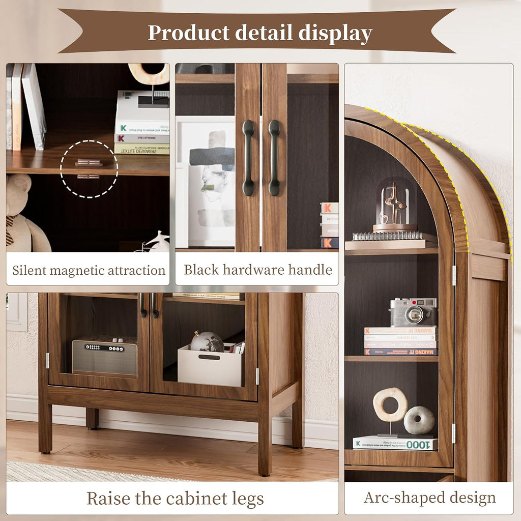 Lxsxlome 70.9'' Tall Arched Display Cabinet with Acrylic Glass Doors, Modern 5-Tier Arched Bookcase, Kitchen Pantry Storage Cabinet Curio Cabinets for Living Dining Room (Walnut, 31.5''W)