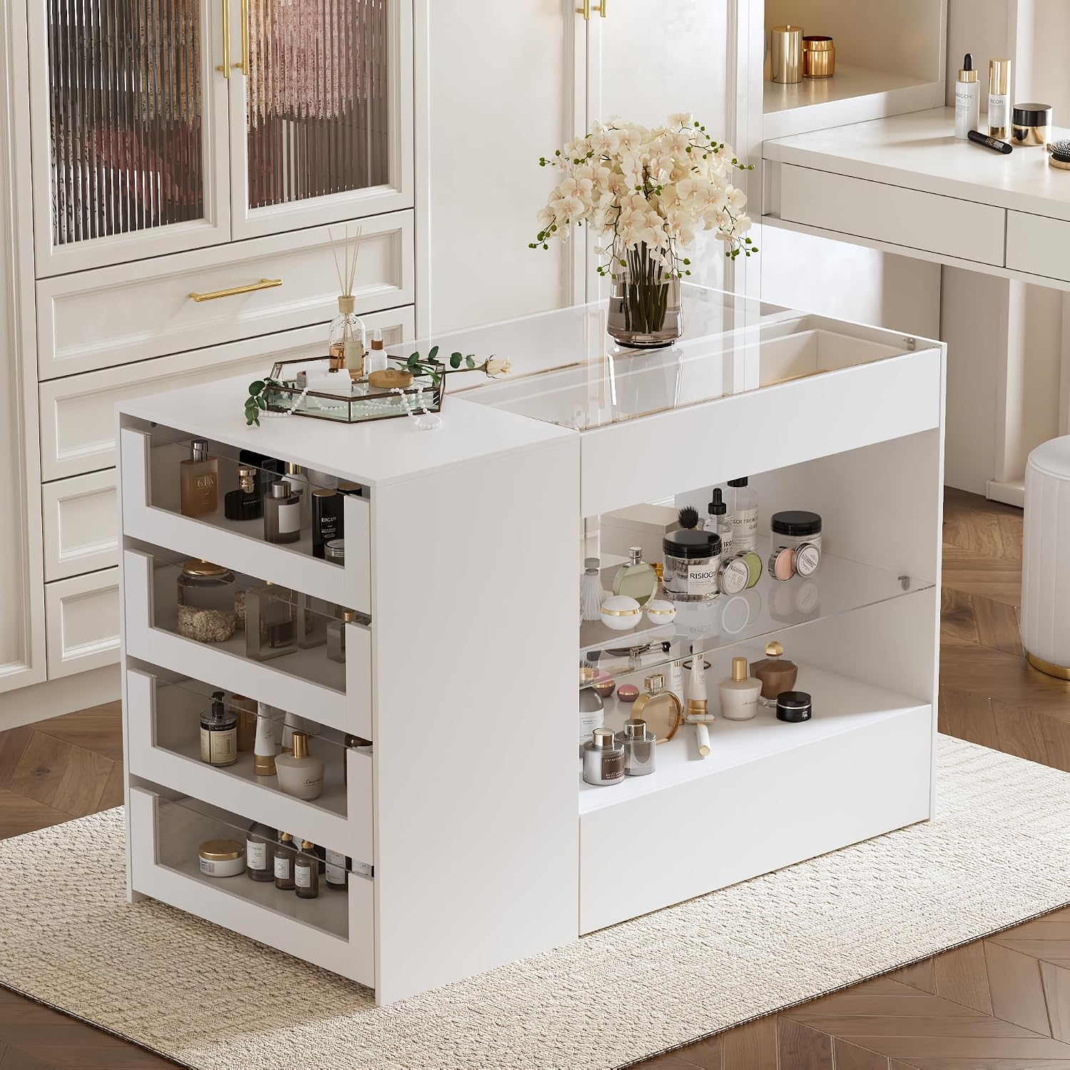 FUFU&GAGA Closet Island with Glass Top & 8 Drawers for Walk in Closet, Jewelry Display Cabinet Island with Glass Shelf, for Store Dressing Room Shop, 47.2'W x 23.6'D x 31.5'H