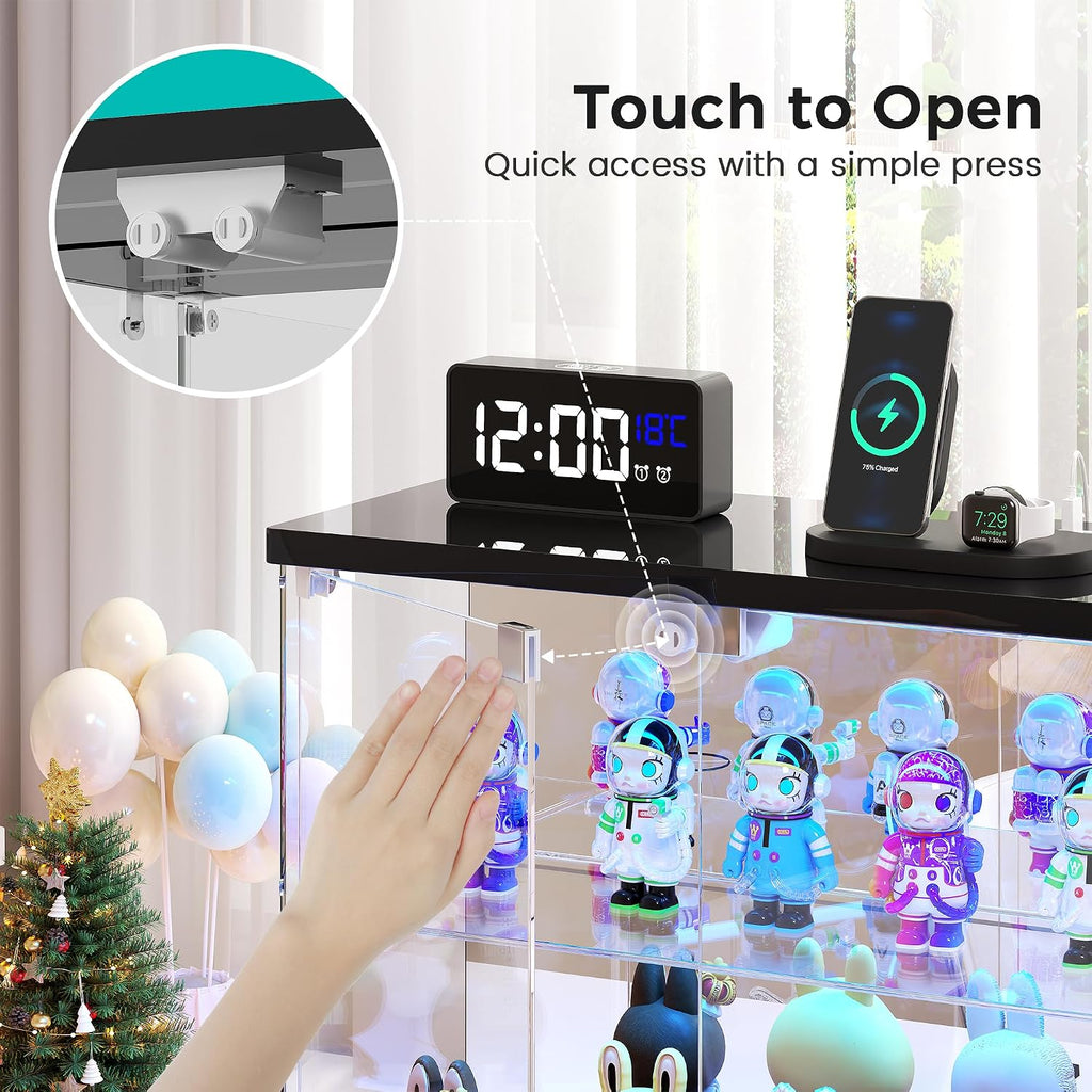 Dystler 2pcs LED Clear Glass Display Case - for Figures & Collectibles, Small 2-Tier Display Cabinet with Charging Station, Display Box with Lights & Human Sensor, for Model Car, Perfume, Black