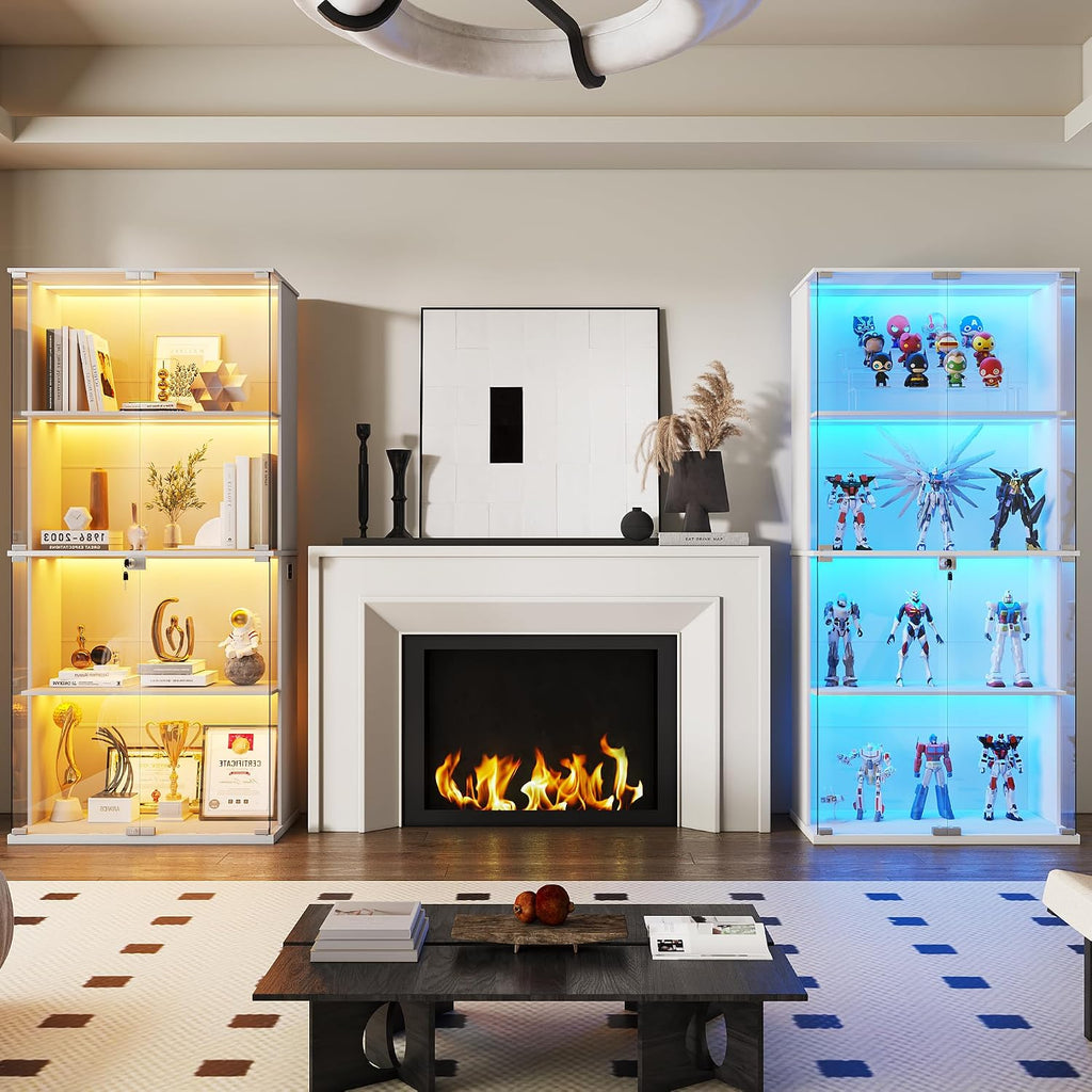 Display Cabinet with Glass Door,Lighted 4-Tier Curio Cabinet with3 Color Lights for Collectibles Bookcases,66' Lockable Display Case with Human Body Sensor,White