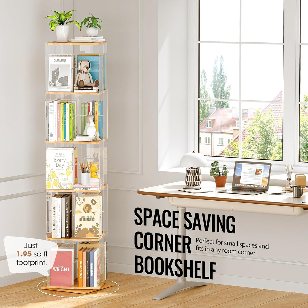 TAKEKIT 5-Tier Rotating Bookshelf, 360° Spinning Book Shelf Tower with Solid Wood & Clear Acrylic, Square Revolving Bookcase for Kids Room, Living Room, Bedroom and Office