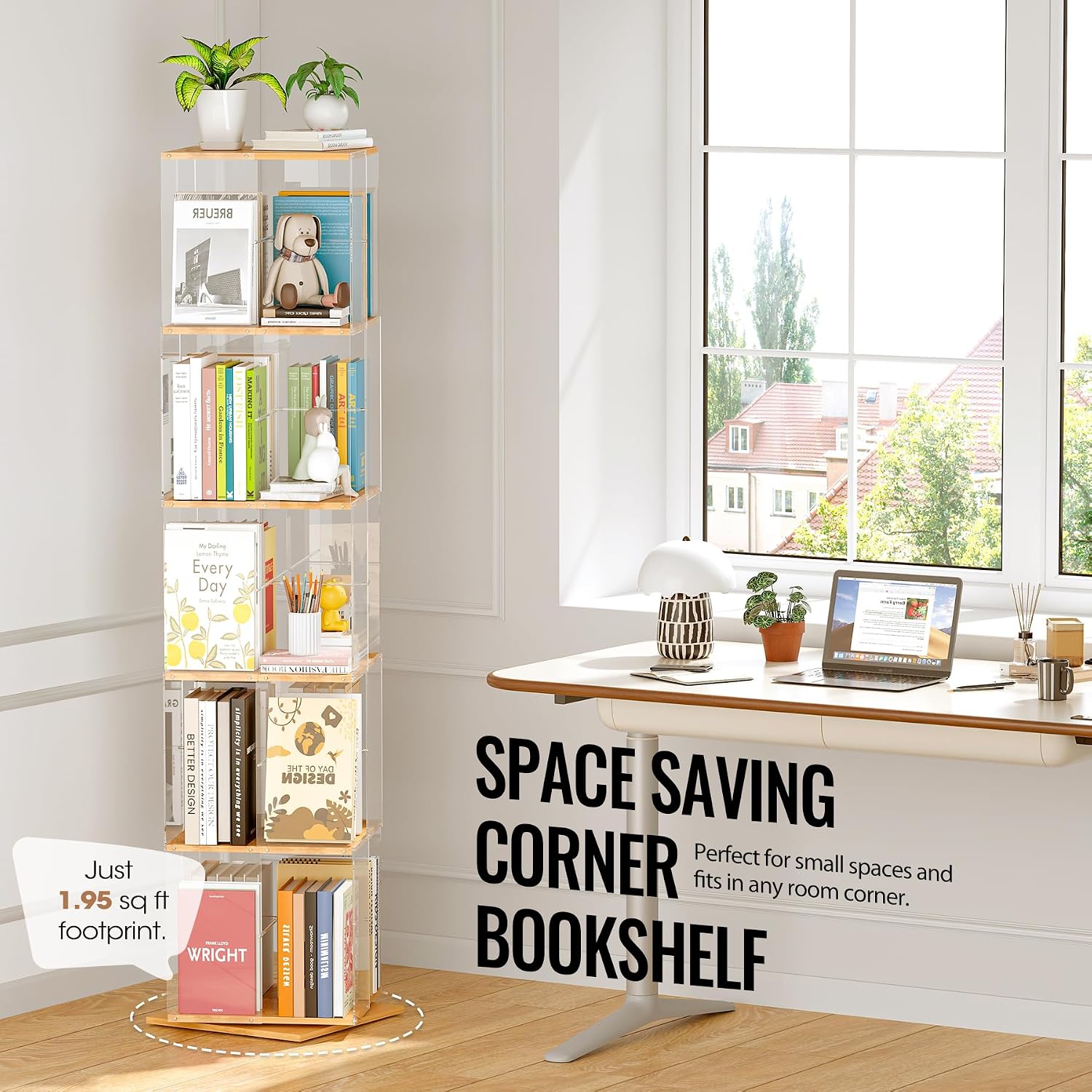 TAKEKIT 5-Tier Rotating Bookshelf, 360° Spinning Book Shelf Tower with Solid Wood & Clear Acrylic, Square Revolving Bookcase for Kids Room, Living Room, Bedroom and Office