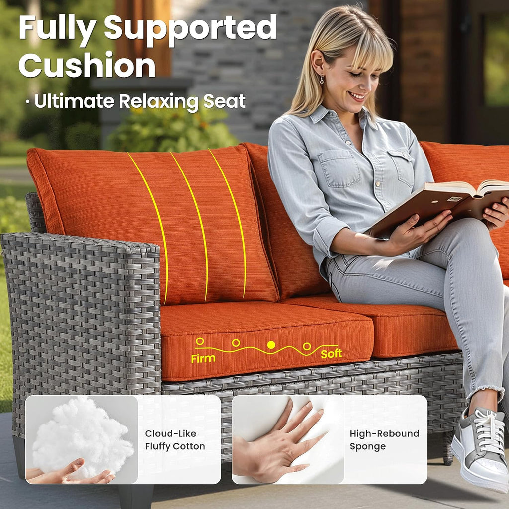 ovios Patio Furniture Set, 6 Pieces Outdoor Wicker Sofa Couch with Loveseat, Ottomans and Comfy Cushions, All Weather High Back Rattan Conversation Set, Orange Red