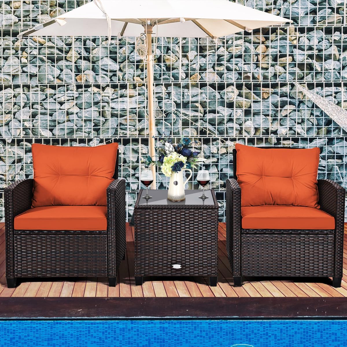Tangkula 3 Pieces Patio Furniture Set, PE Rattan Wicker 3 Pcs Outdoor Sofa Set w/Washable Cushion and Tempered Glass Tabletop, Conversation Furniture for Garden Poolside Balcony (Orange)