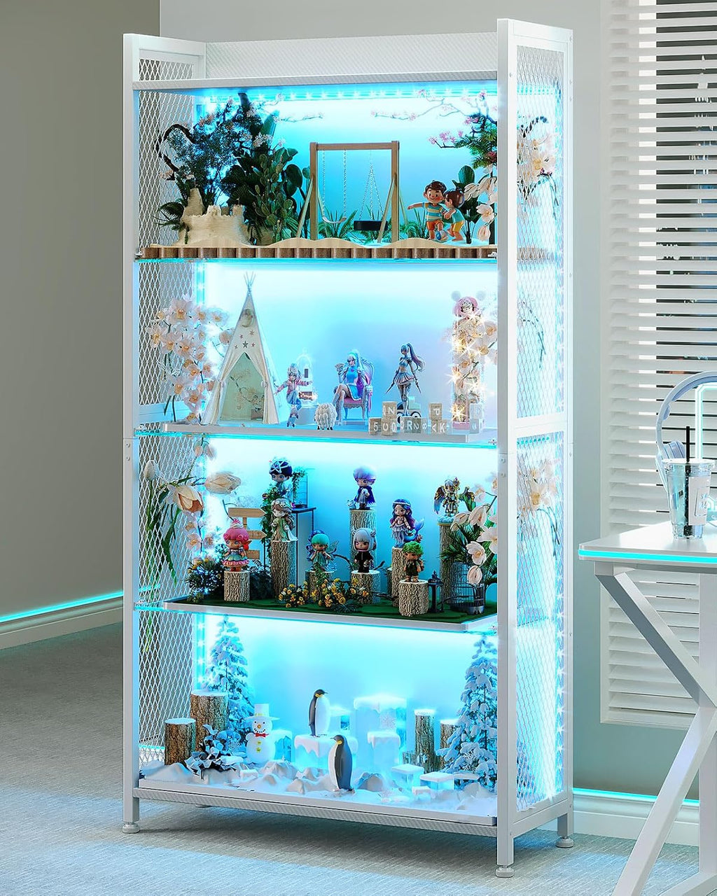 AODK Display Case with LED Lights, Display Cabinet with Glass Storage Shelves, 4-Tier Curio Cabinet for Collectibles with Open Shelf, White Book Shelf