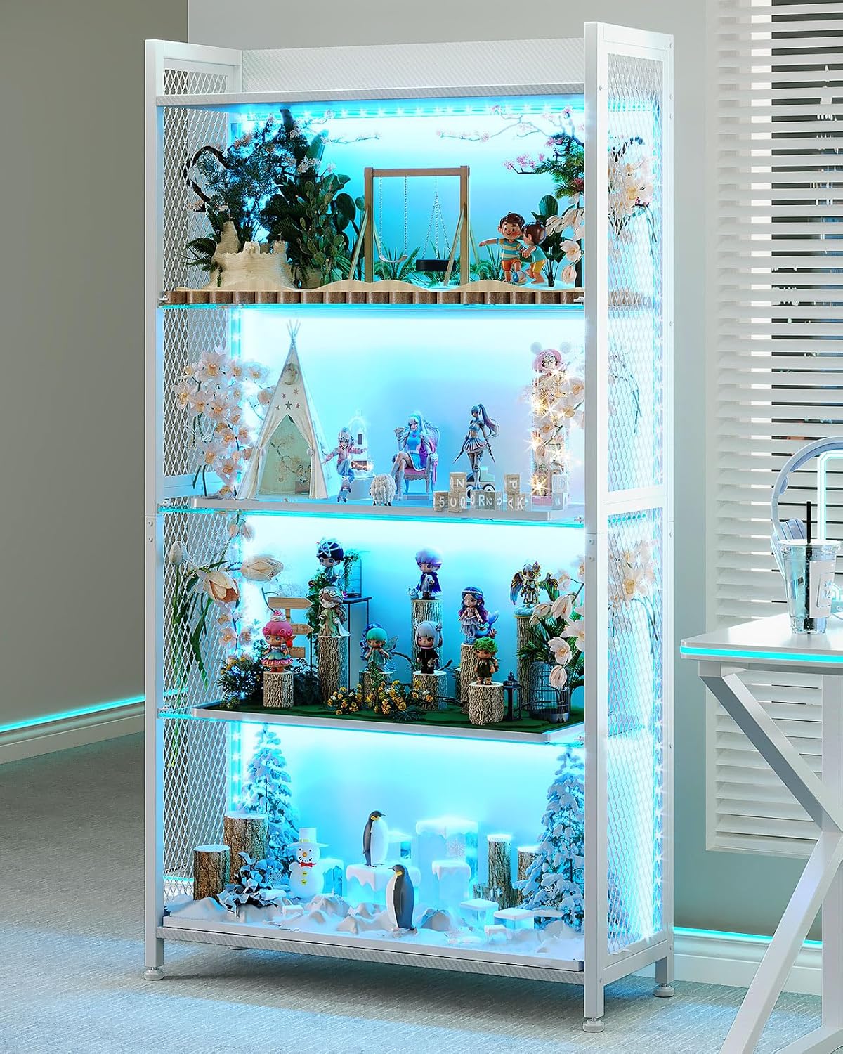 AODK Display Case with LED Lights, Display Cabinet with Glass Storage Shelves, 4-Tier Curio Cabinet for Collectibles with Open Shelf, White Book Shelf