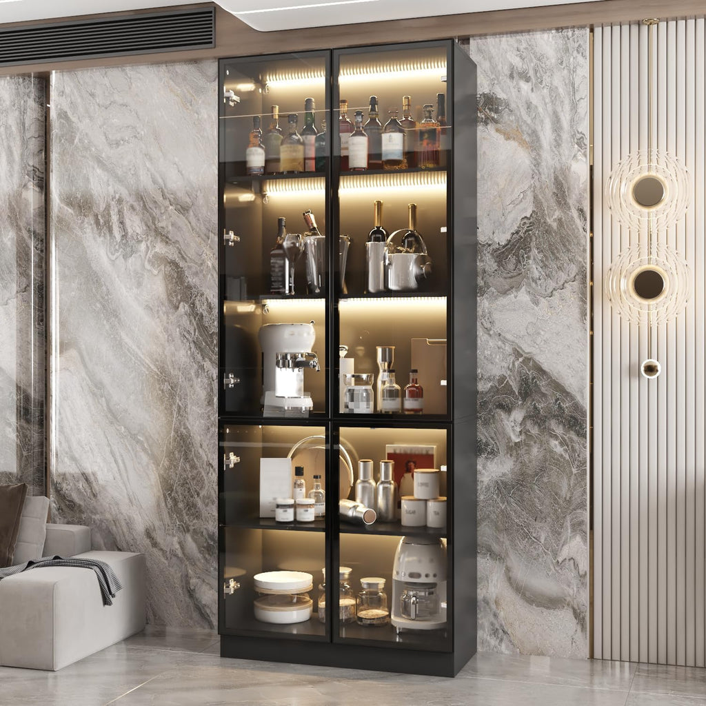 Curio Display Cabinet with Light, 5-Tier Storage Shelves with Pop-up Glass Doors & 3 Color LED Light, Collectibles Cabinet Display Shelf, Bookshelf Showcase for Living Room, Black Glass Door