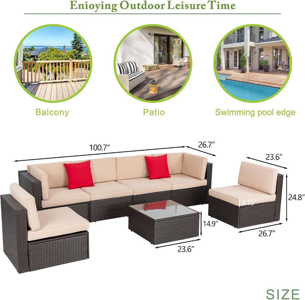 Vongrasig 7 Pieces Patio Furniture Sets, Outdoor Patio Conversation Set PE Rattan Wicker Sectional Sofa Couch with Glass Coffee Table for Garden, Poolside, Backyard, Beige