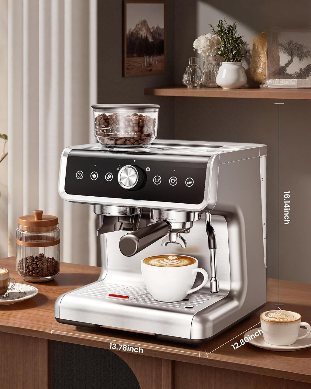 Coffee Maker with Grinder, 30 Settings & 20 Bar Pump, Espresso Machine with 58mm Portafilter & Milk Frother for Cappuccino or Latte