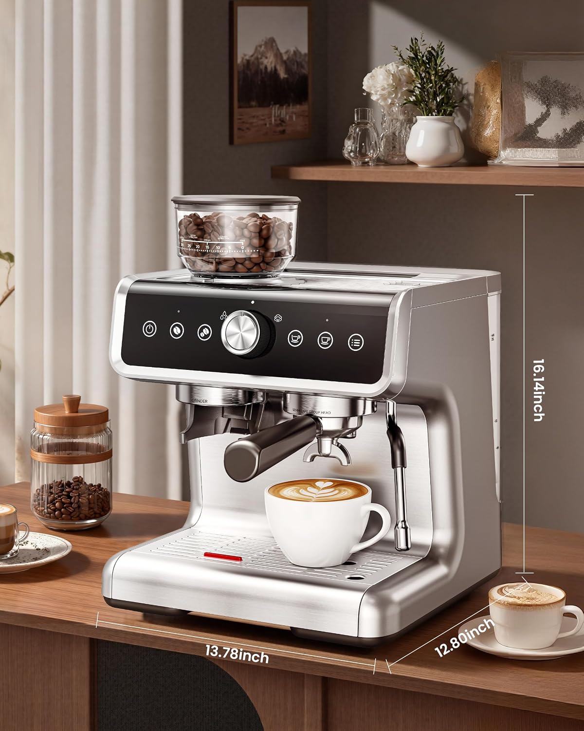 Coffee Maker with Grinder, 30 Settings & 20 Bar Pump, Espresso Machine with 58mm Portafilter & Milk Frother for Cappuccino or Latte