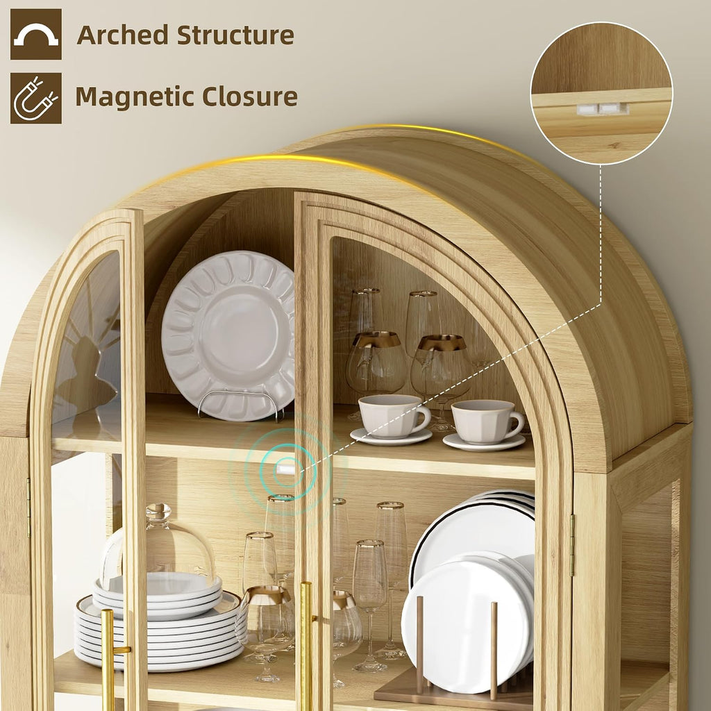 Vlsrka 71' Arched RGB Curio Cabinet with Glass Doors, 4-Shelves Tall Display Cabinet and 2 Drawers, LED Display Case with 20 Lights for Collectibles/Book/Medal/Figure, Wood Color