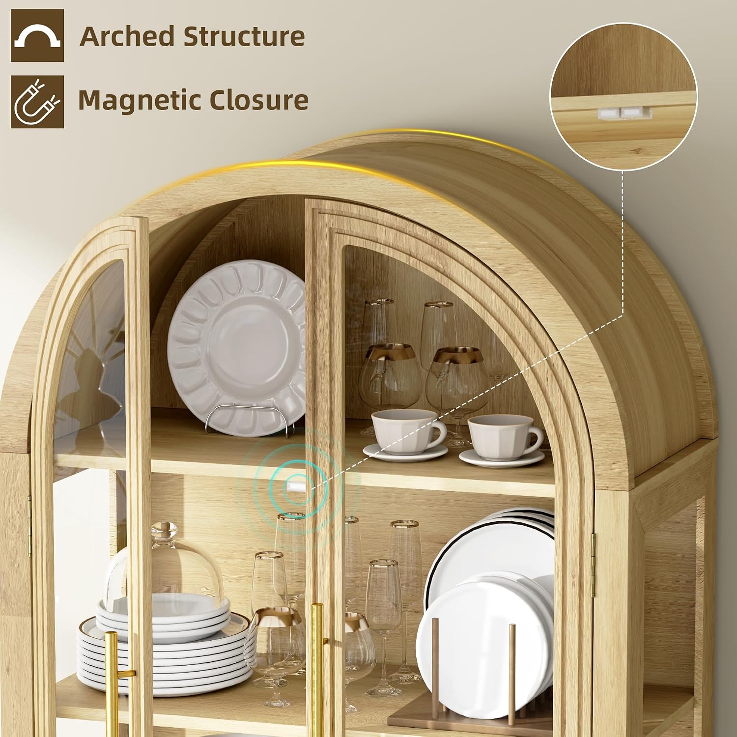 Vlsrka 71' Arched RGB Curio Cabinet with Glass Doors, 4-Shelves Tall Display Cabinet and 2 Drawers, LED Display Case with 20 Lights for Collectibles/Book/Medal/Figure, Wood Color
