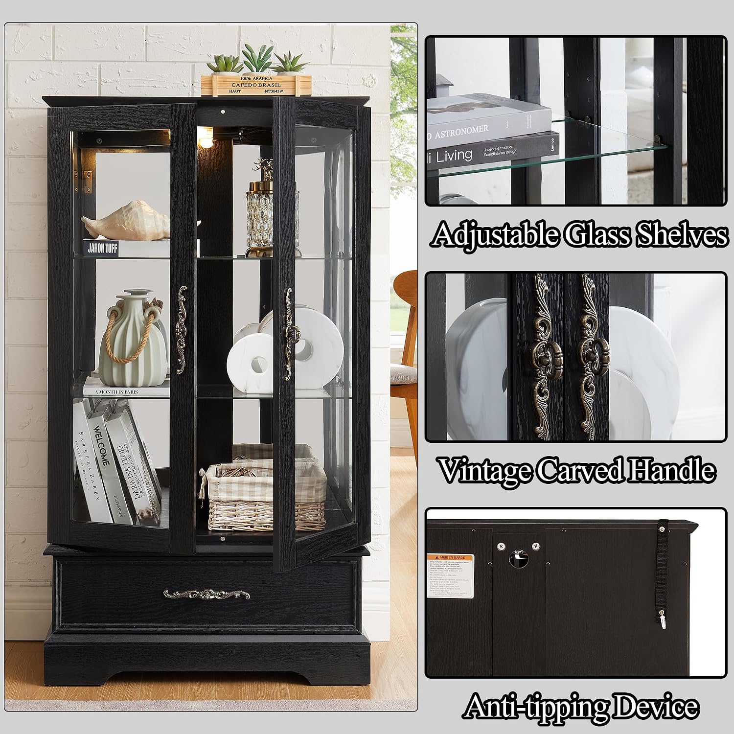 3-Tier Lighted Glass Curio Display Cabinet, 47' H Glass Accent Storage Cabinet with Adjustable Shelves & 1 Drawer, Wooden Wine Display Case with Mirrored Back Panel for Living Room (Black)