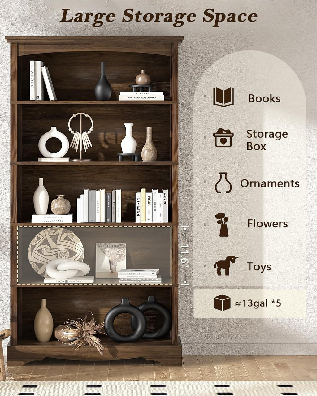 TVU 5-Tier Wooden Bookshelf, 31.5' W x 65' H ×9.9' D Bookshelf with Storage, Floor Standing Modern Style Display Bookcase for Living Room, Office, Study Room, Entryway, Brown