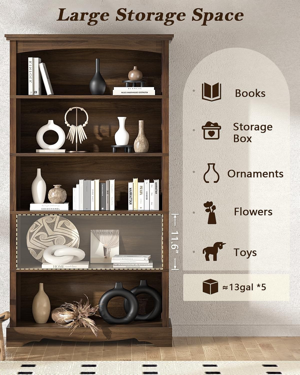 TVU 5-Tier Wooden Bookshelf, 31.5' W x 65' H ×9.9' D Bookshelf with Storage, Floor Standing Modern Style Display Bookcase for Living Room, Office, Study Room, Entryway, Brown