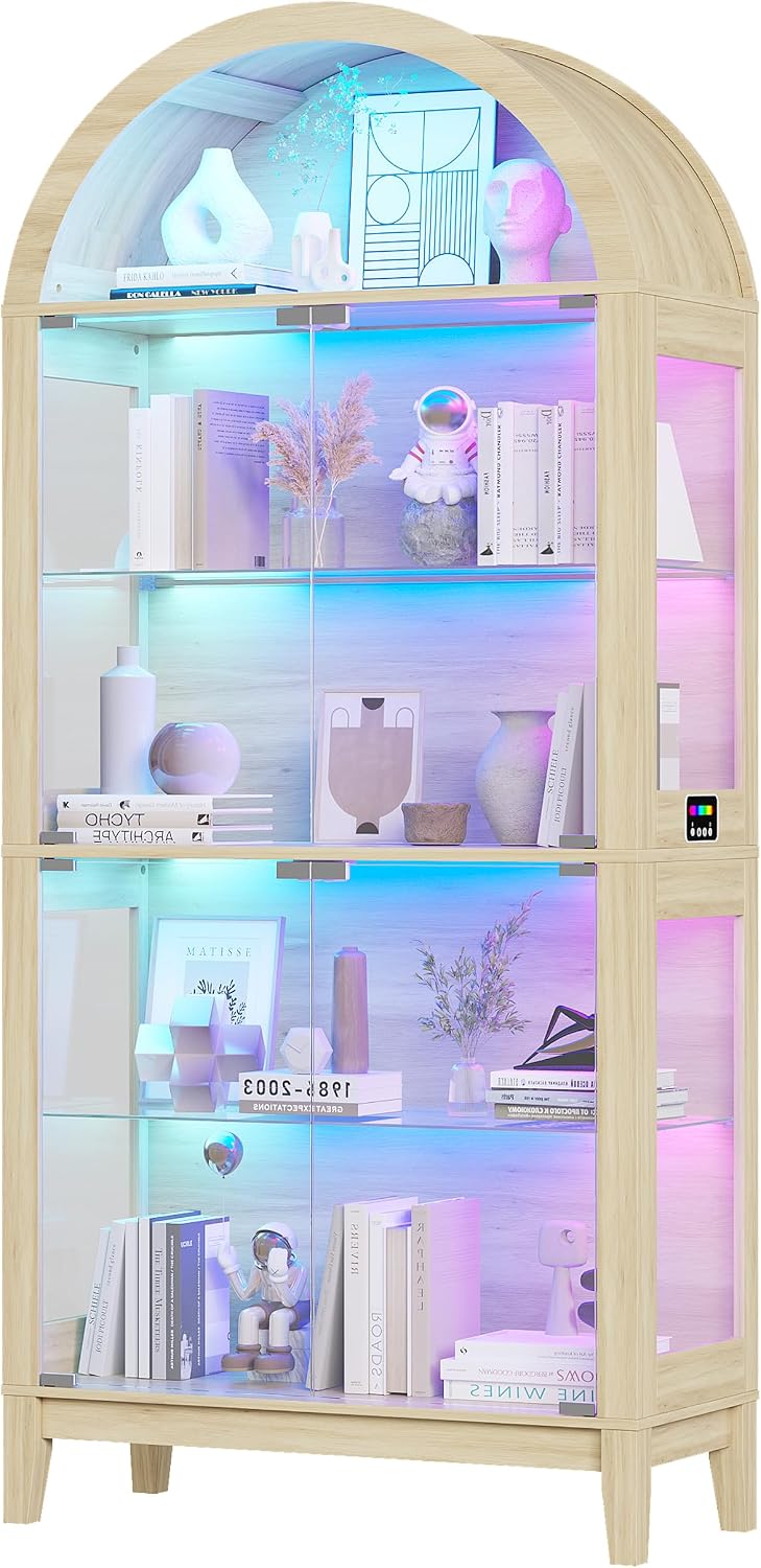 WOOVIVS Glass Display Cabinet with RGB Lights, 69' Tall Curio Cabinet with Rebound Tempered Glass Door, 5-Tier Adjustable Display Case for Living Room (Wood)